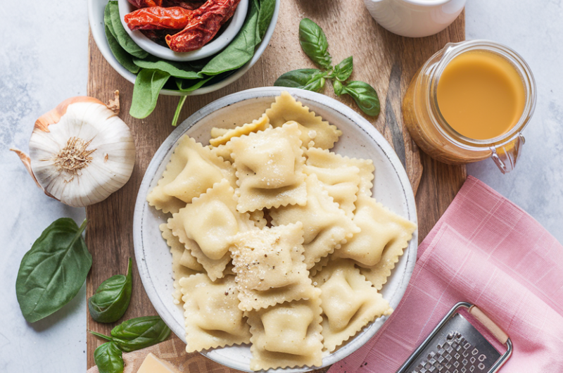 Creamy Sun-Dried Tomato & Spinach Soup with Ravioli