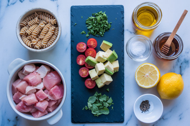 Healthy Chicken Pasta Salad with Avocado, Tomato, and Basil