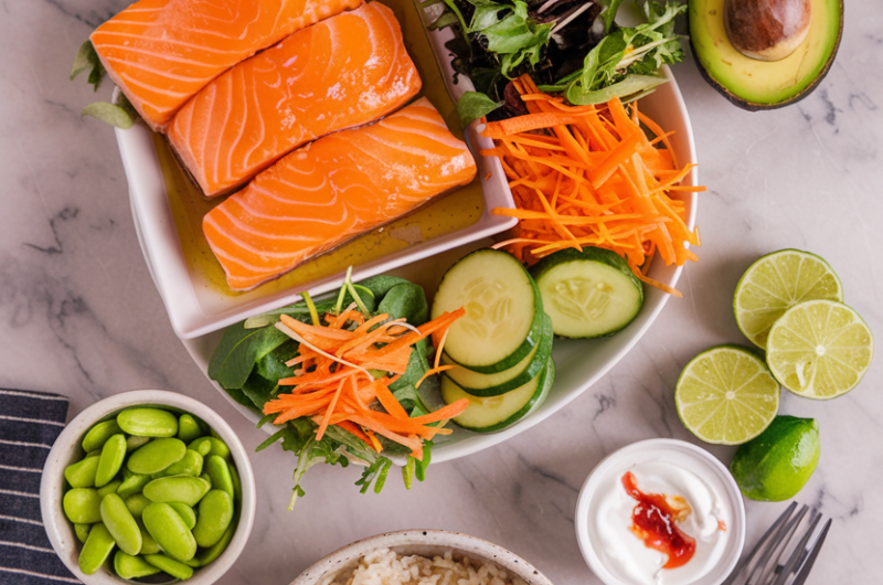 Healthy Air-Fried Salmon Rice Bowls