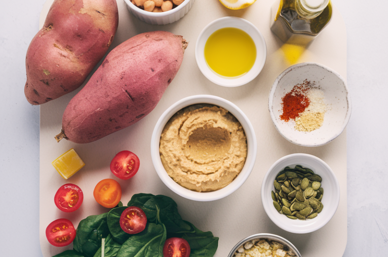 Stuffed Sweet Potato with Hummus Dressing