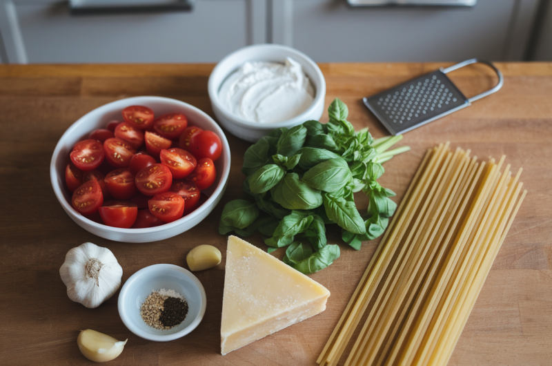 Creamy Pasta Bake with Cherry Tomatoes and Basil